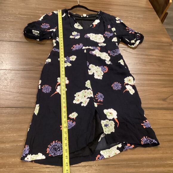 Lewit Navy Blue Floral short Dress Puff Half Sleeves Sheath Split Hem 10 viscose - Picture 4 of 11